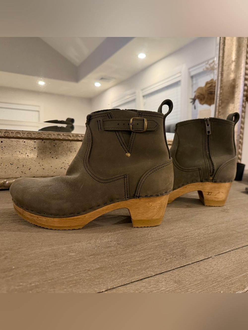 No. 6 Olive Green Leather Clog Booties with Wood Heel
